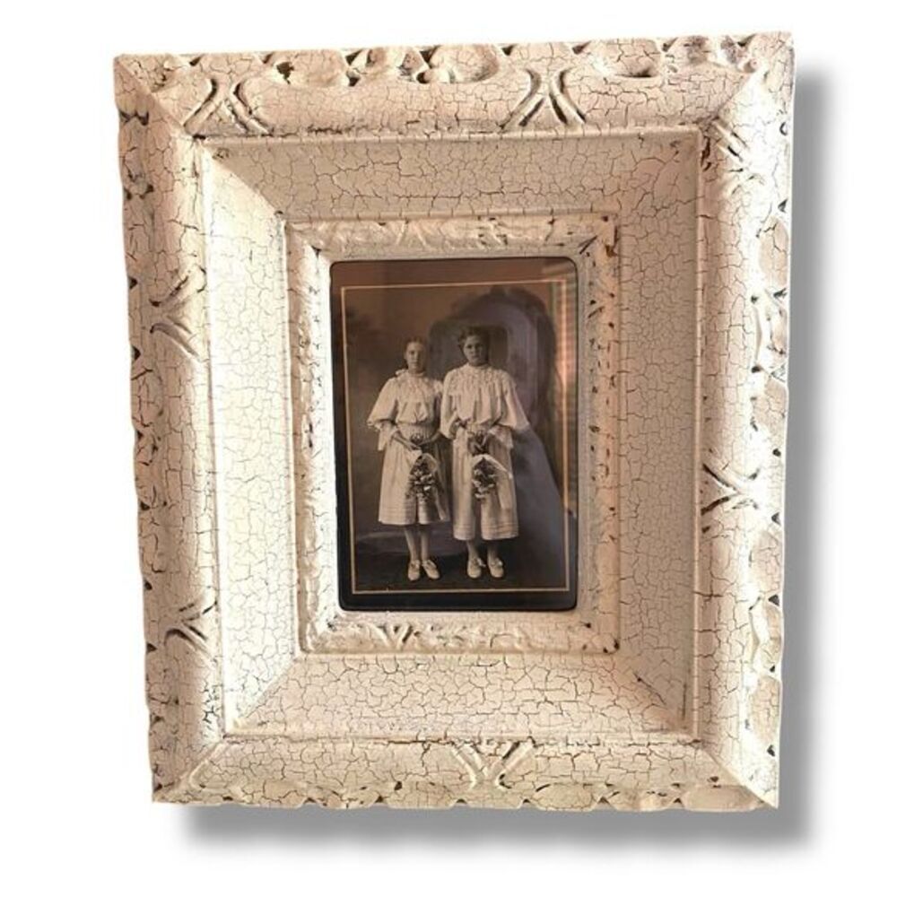 Vintage Crackle Finish Chunky Picture Frame Sisters Ephemera 11.5x13.5x2” Creepy